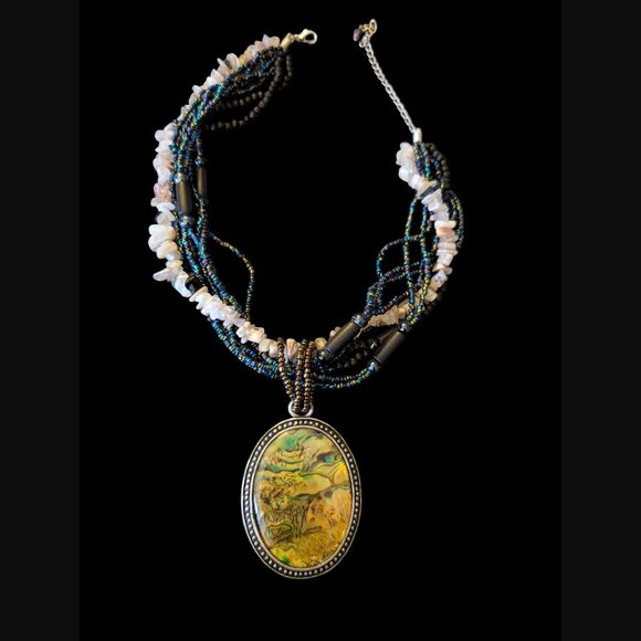 Natural Stone Large 2.81 Mother Of Pearl Multistrand Silver Statement Necklace - Picture 6 of 9